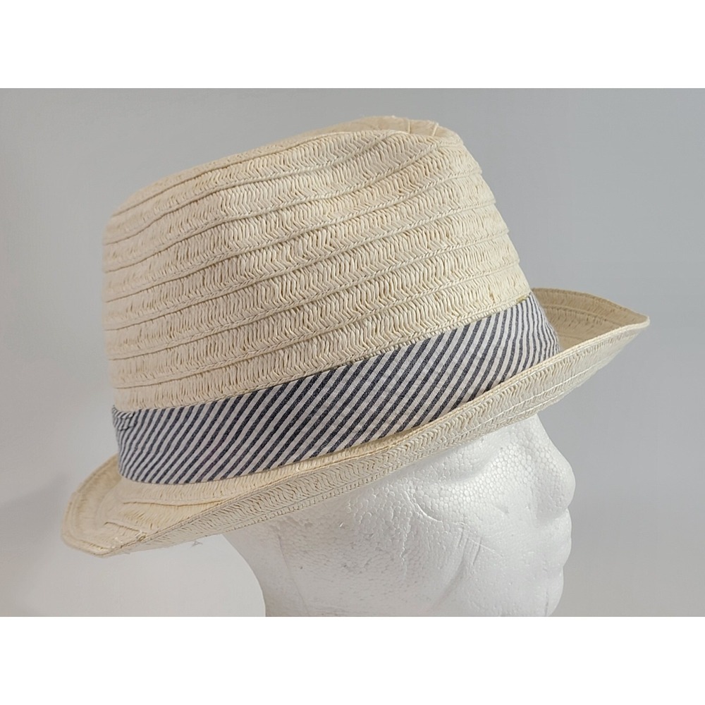 Kathy Jeanne Women's One Size Paper Straw Fedora Hat with Blue Stripe Ribbon EUC